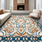 Ornate Blue Brown Floral Scroll Design Rug