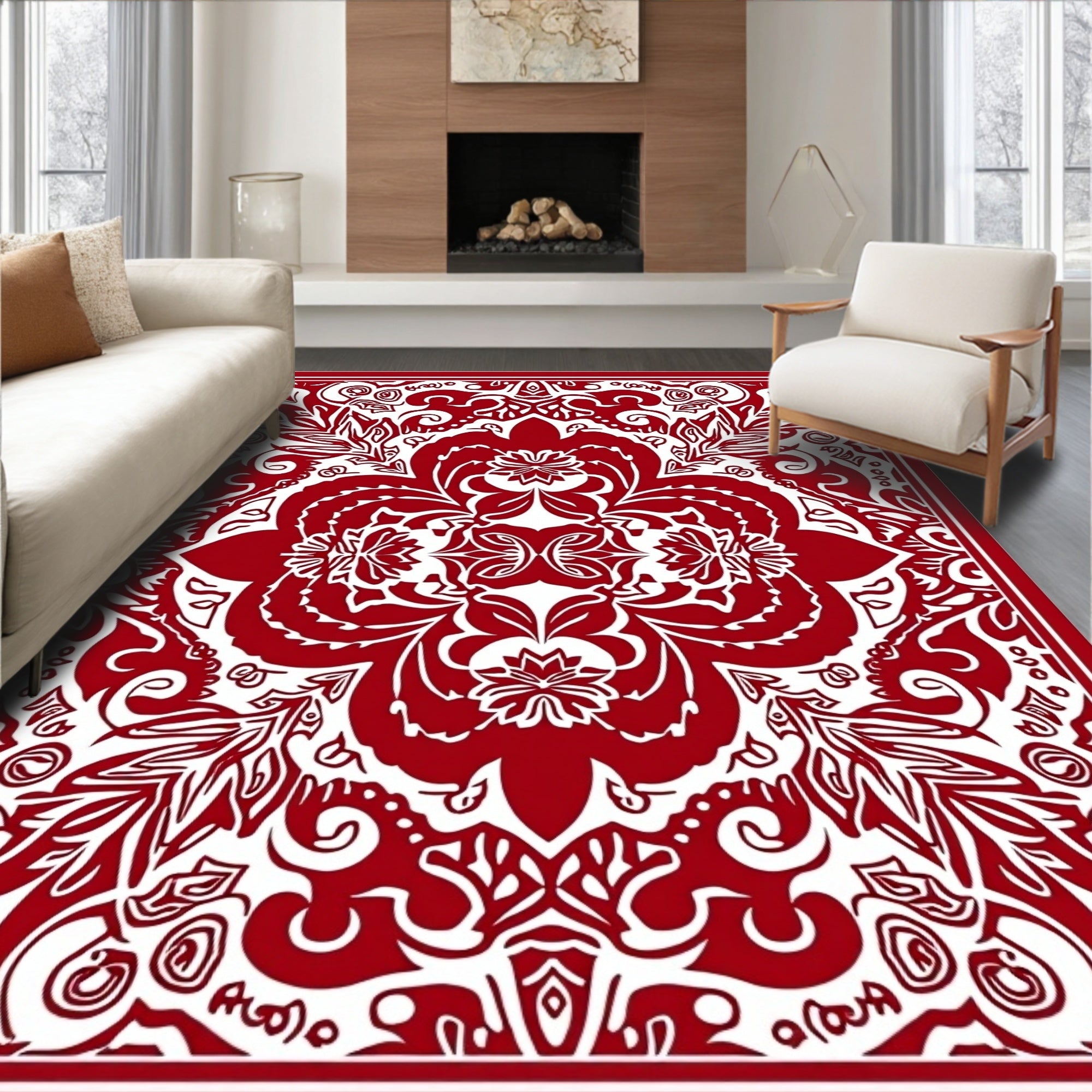 Red And White Intricate Floral Pattern Rug