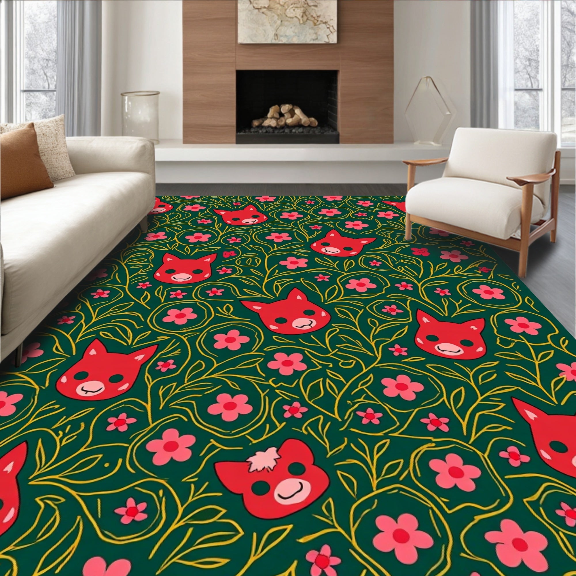 Red Fox Pink Flower Botanical Pattern Rug