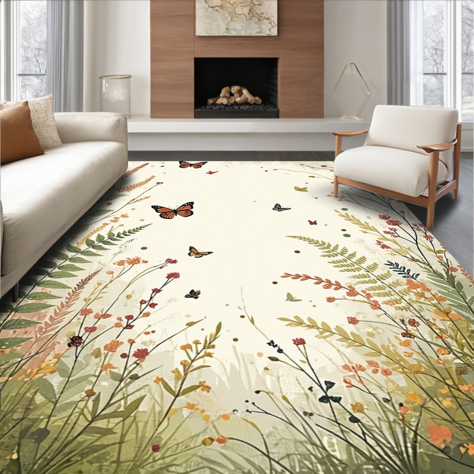 Whimsical Monarch Butterflies Garden Pattern Rug