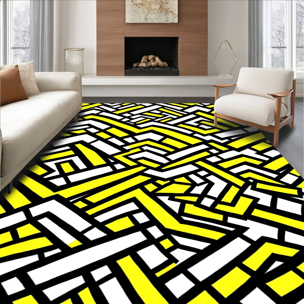 Bold Yellow White Geometric Maze Design Rug
