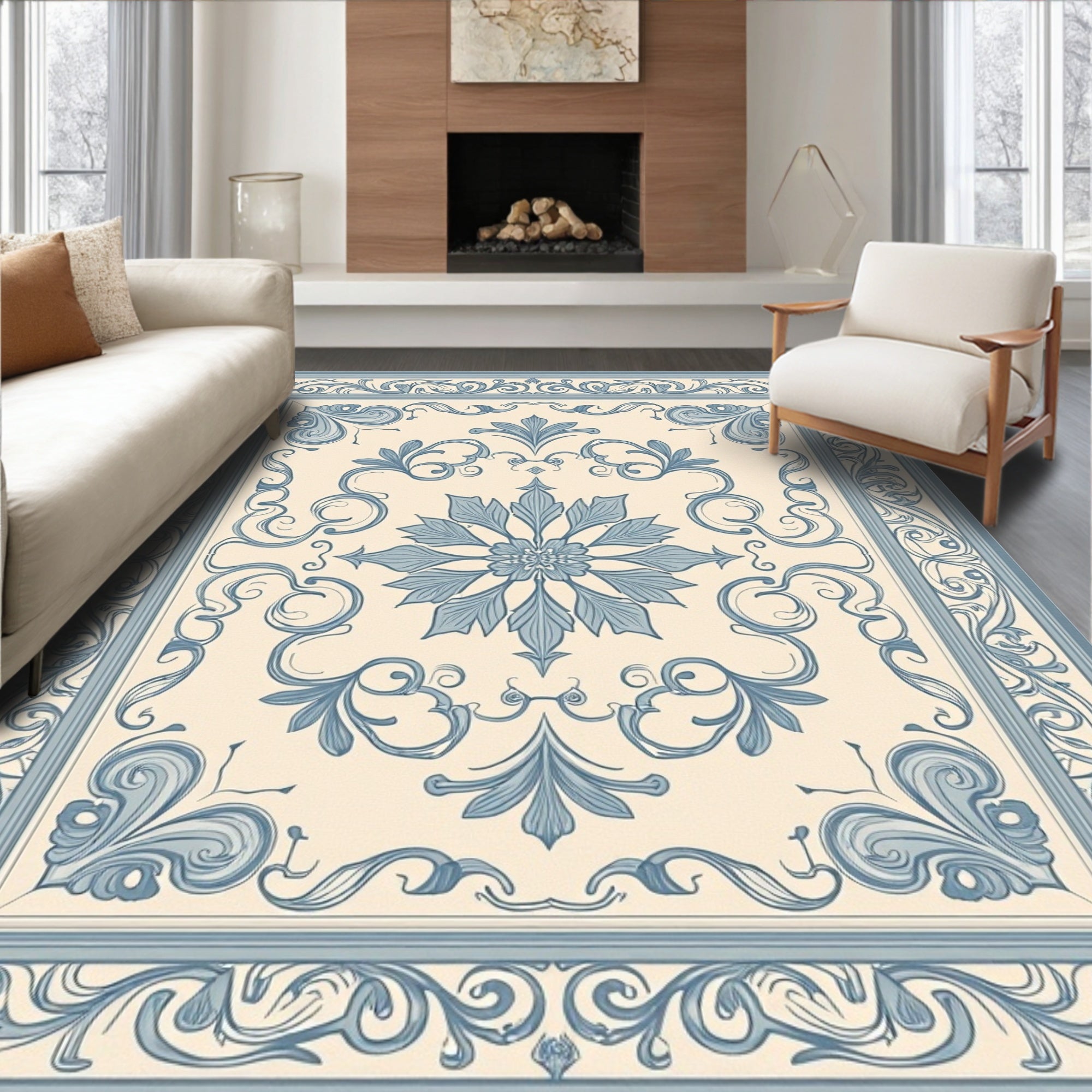 Blue Floral Medallion Scroll Patterned Rug