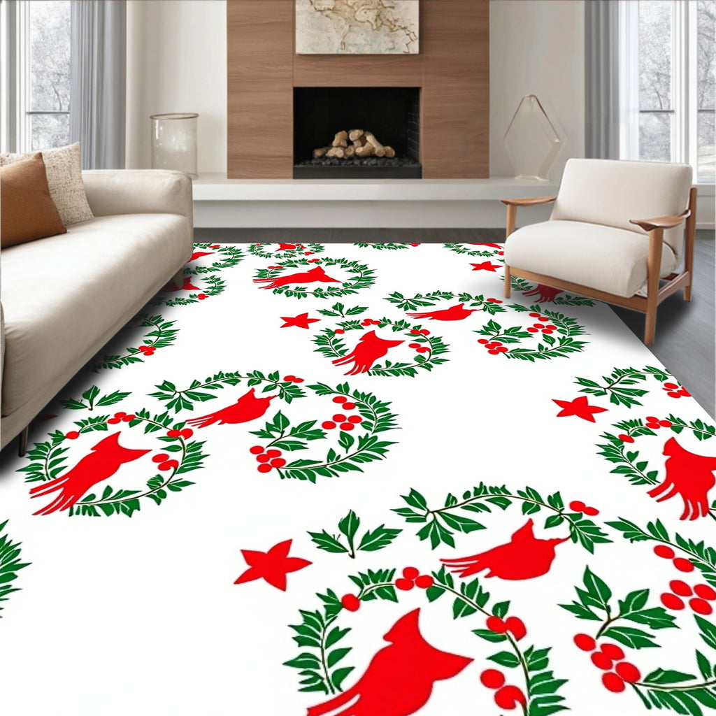 Red Cardinal Wreath Green Berry Garland Rug