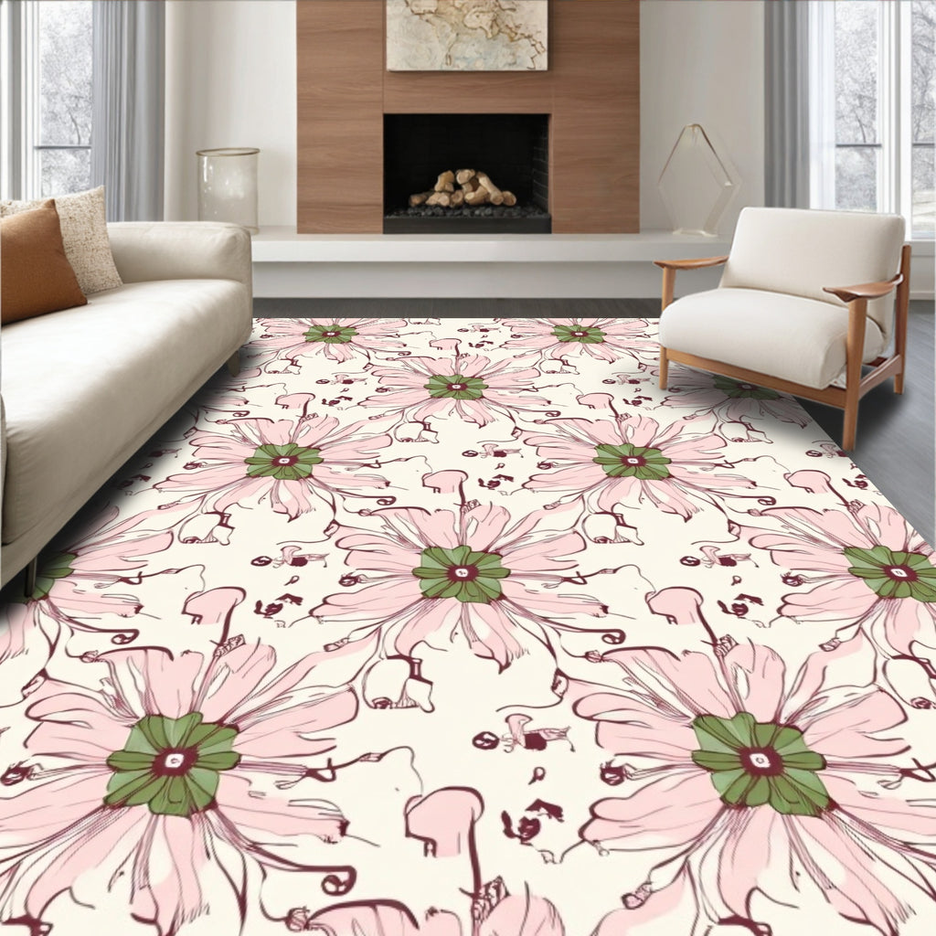 Whimsical Pink Floral Drawing Pattern Rug