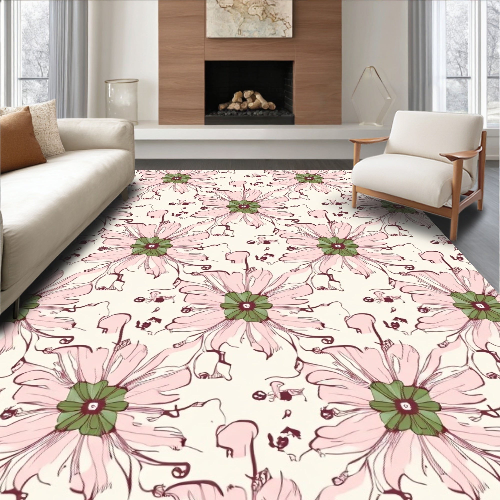 Whimsical Pink Floral Drawing Pattern Rug