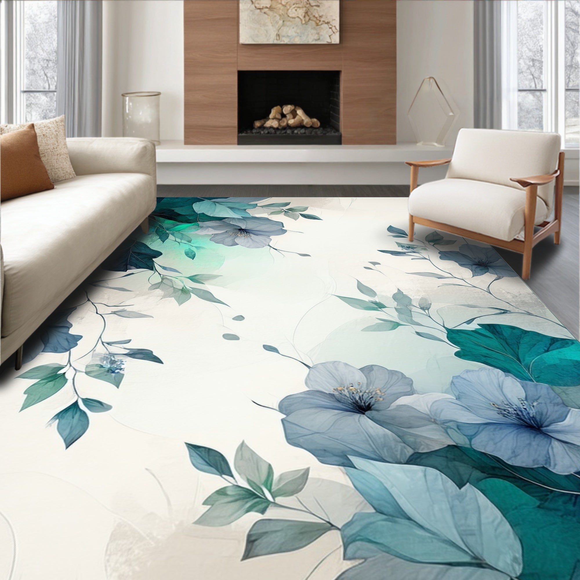 Delicate Blue Floral Watercolor Design Rug