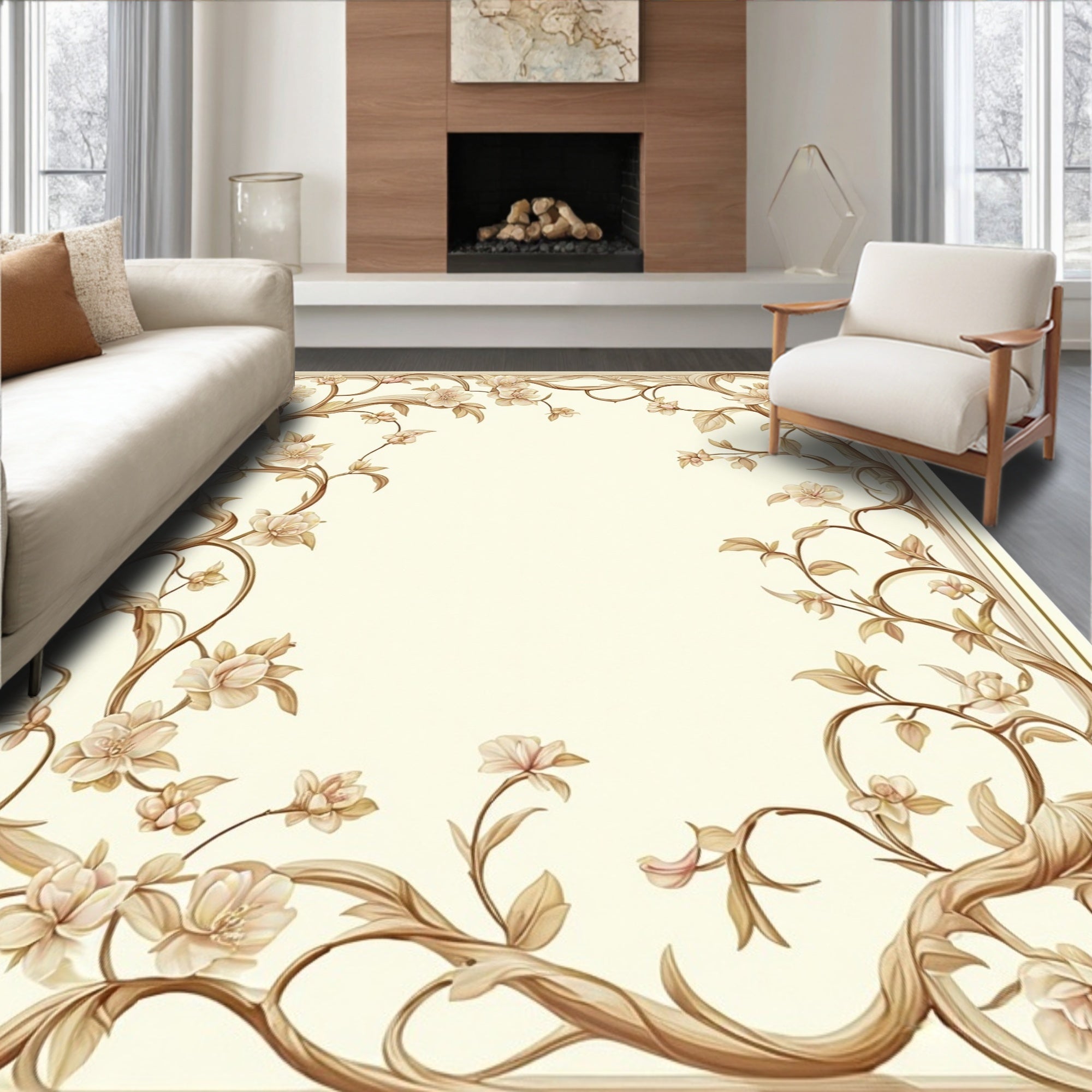Vines With Delicate Blossoms Frame Rug