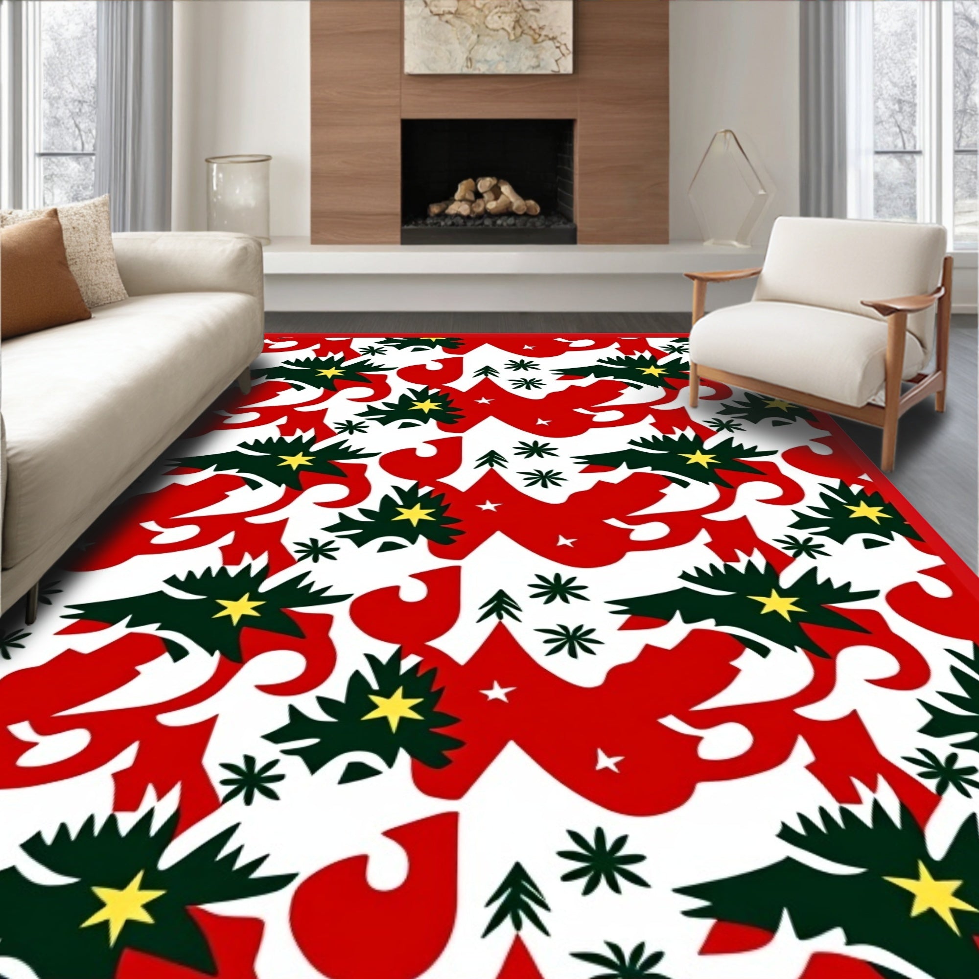 Festive Red Green Starry Tree Medley Rug