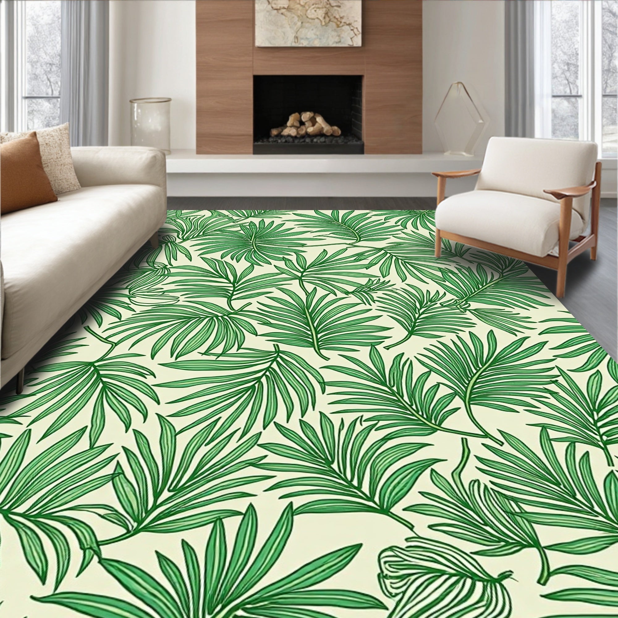 Green Tropical Leaf Pattern Rug