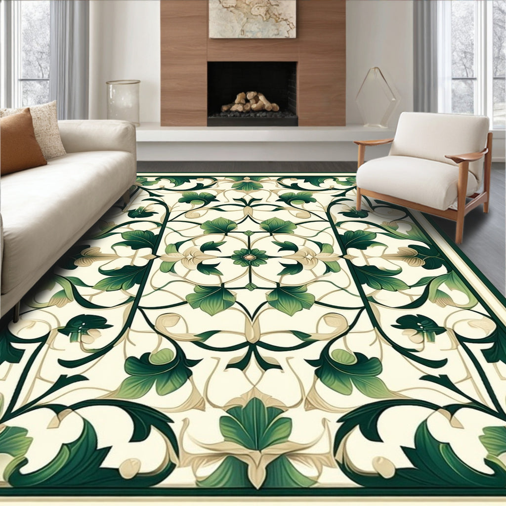 Elegant Green Cream Floral Medallion Rug
