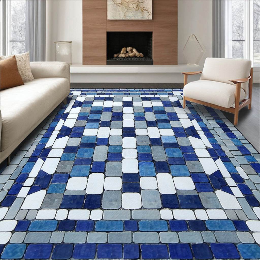 Blue White Abstract Block Pattern Rug