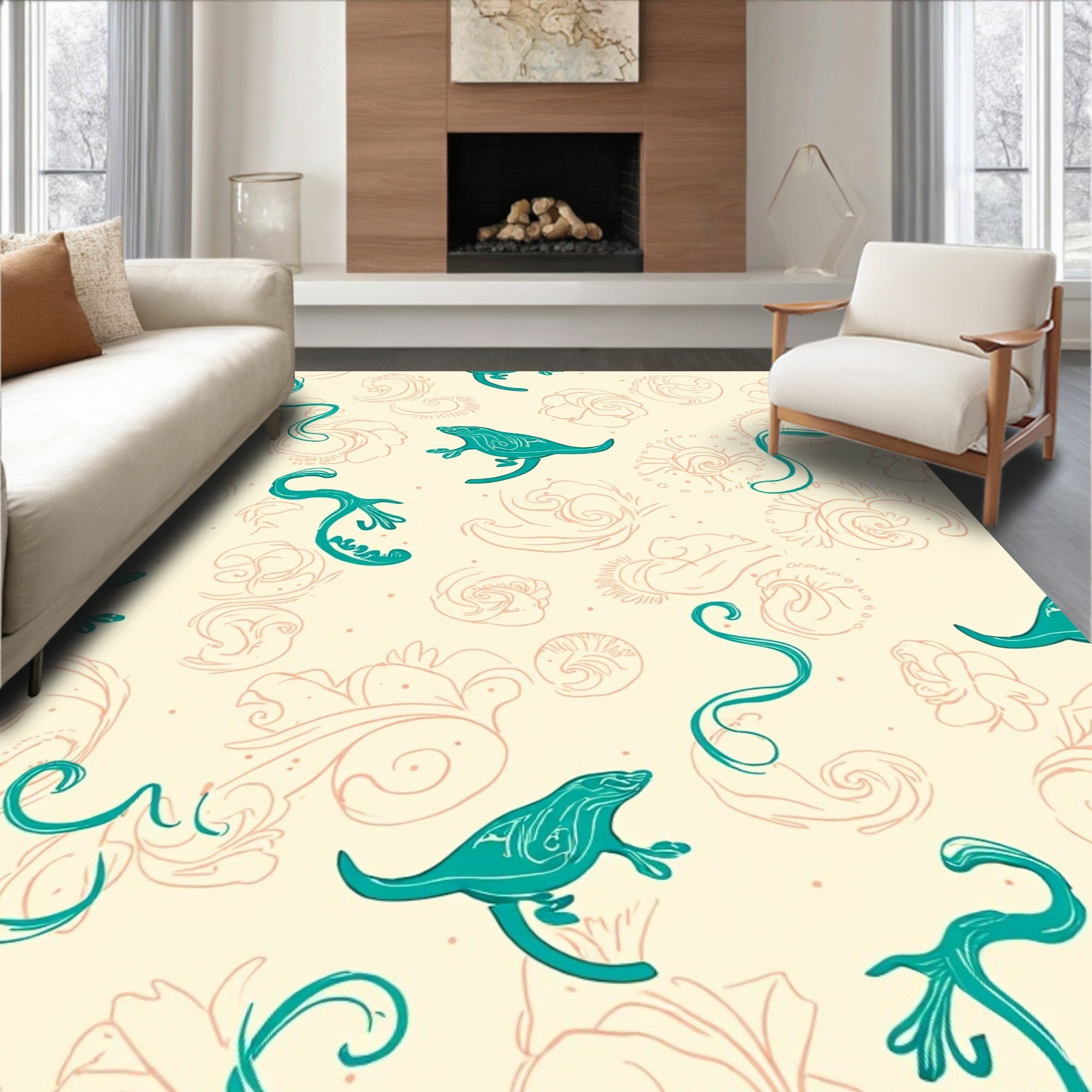 Frolicking Creatures Teal Floral Pattern Rug