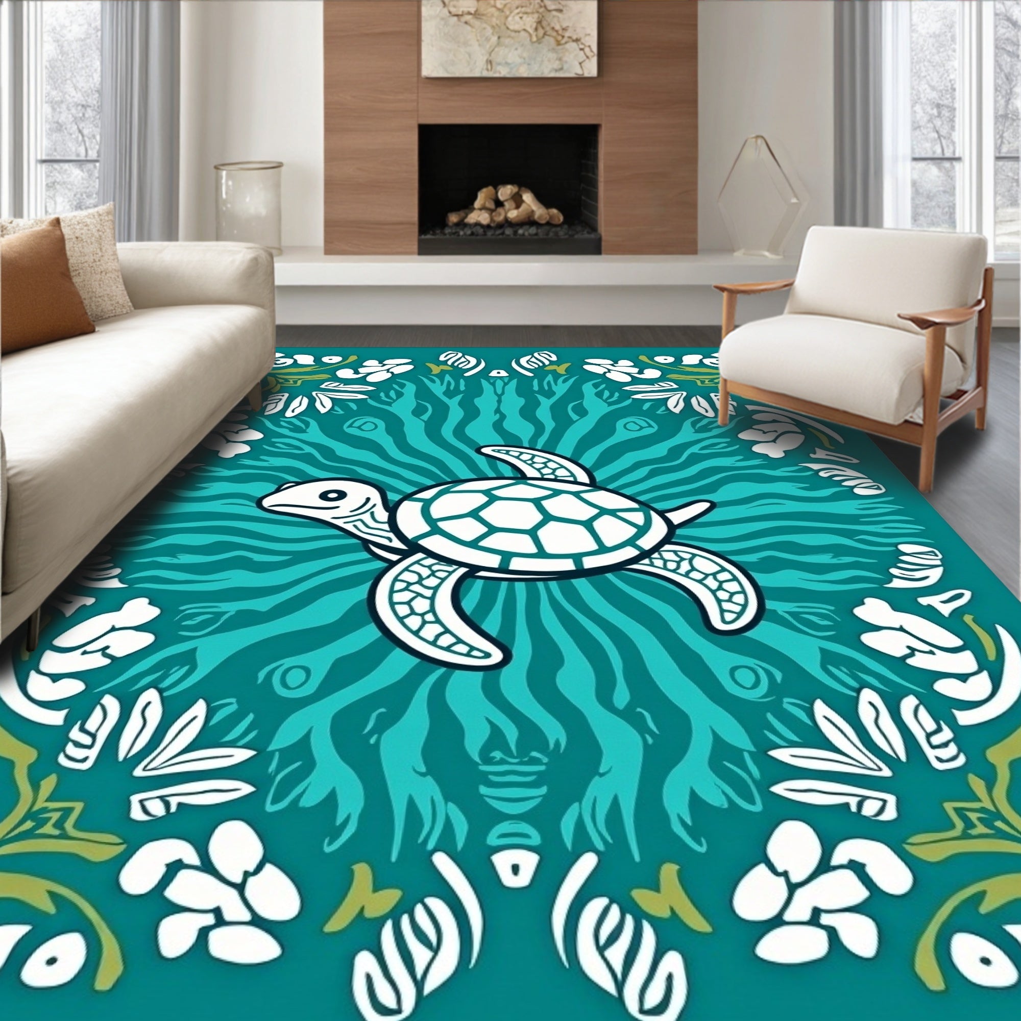 Ocean Turtle Floral Vine Pattern Rug