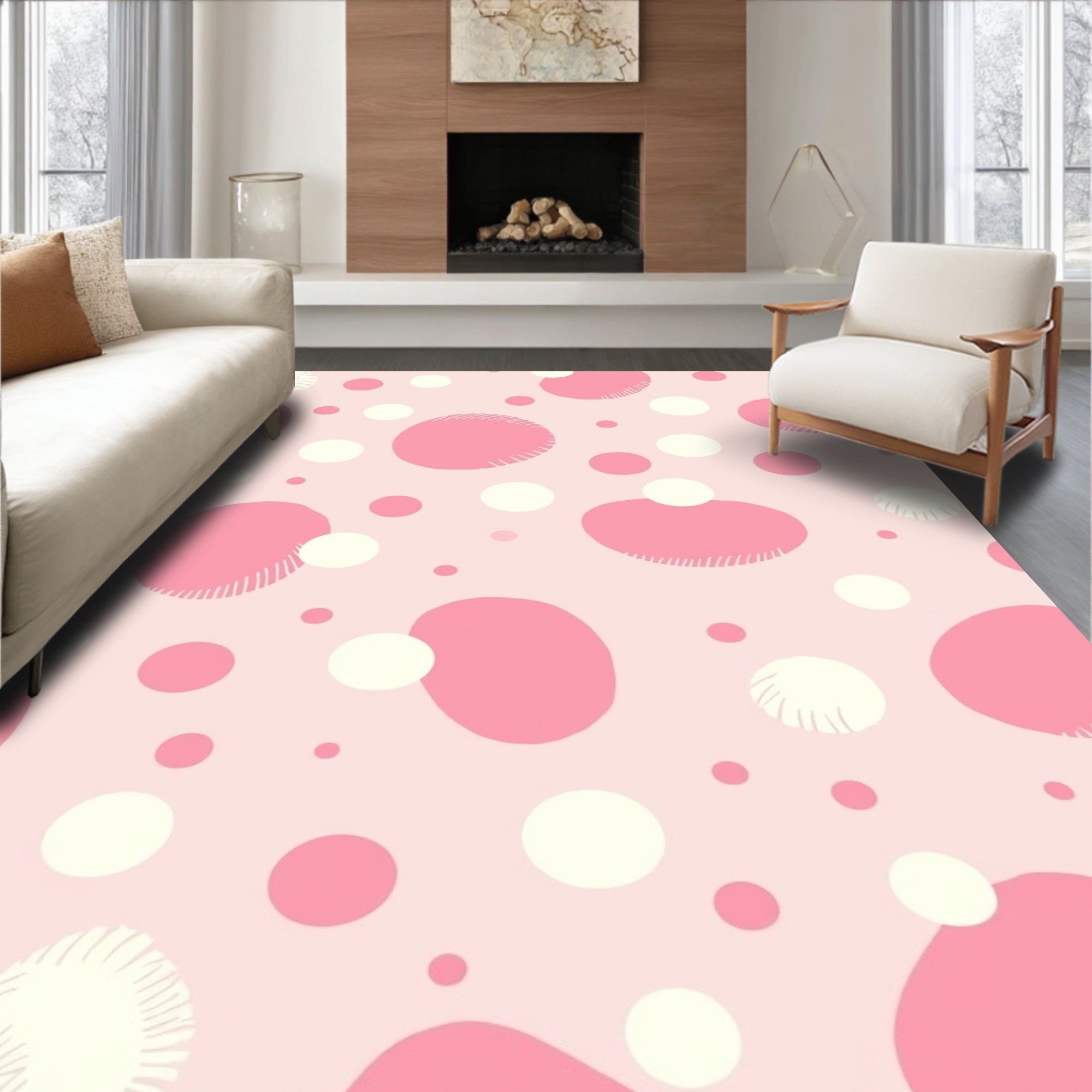 Pink Cream Polka Dot Pattern Rug