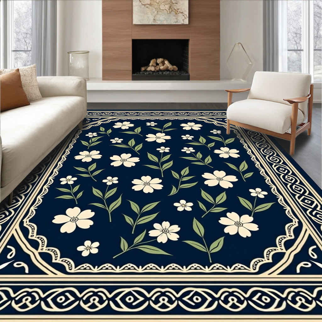 Deep Navy White Blossom Garden Rug