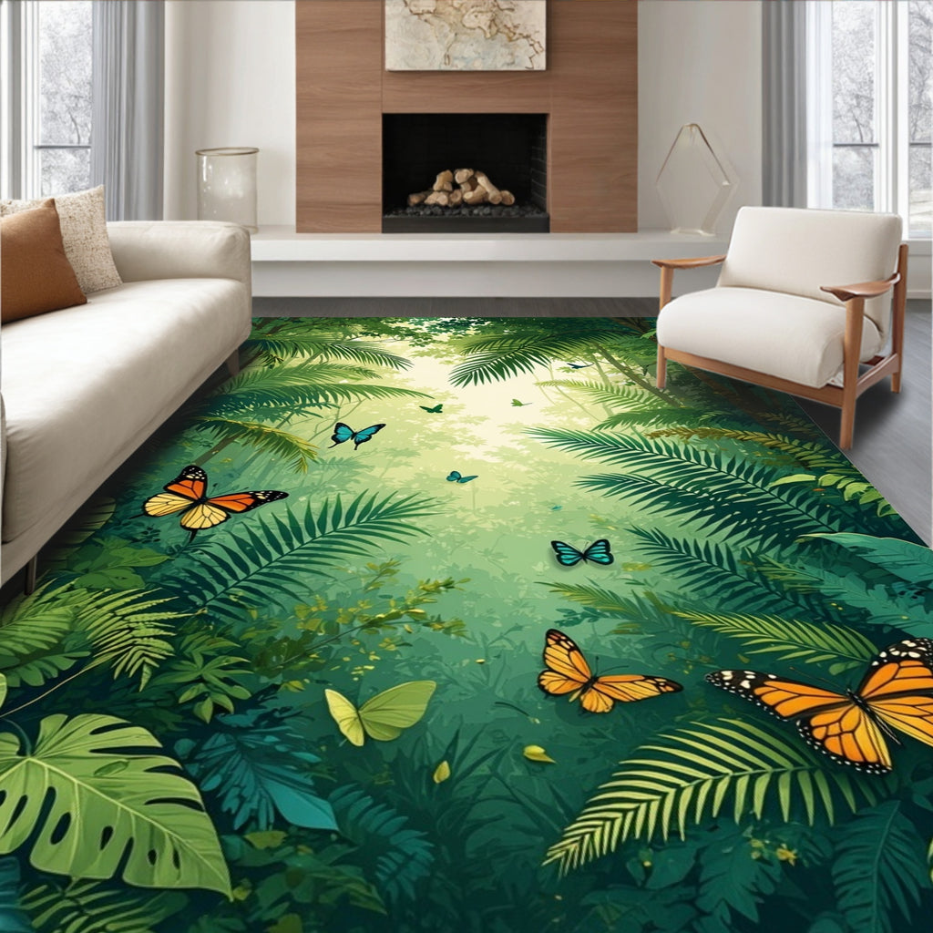 Lush Jungle Butterflies Vibrant Pattern Rug