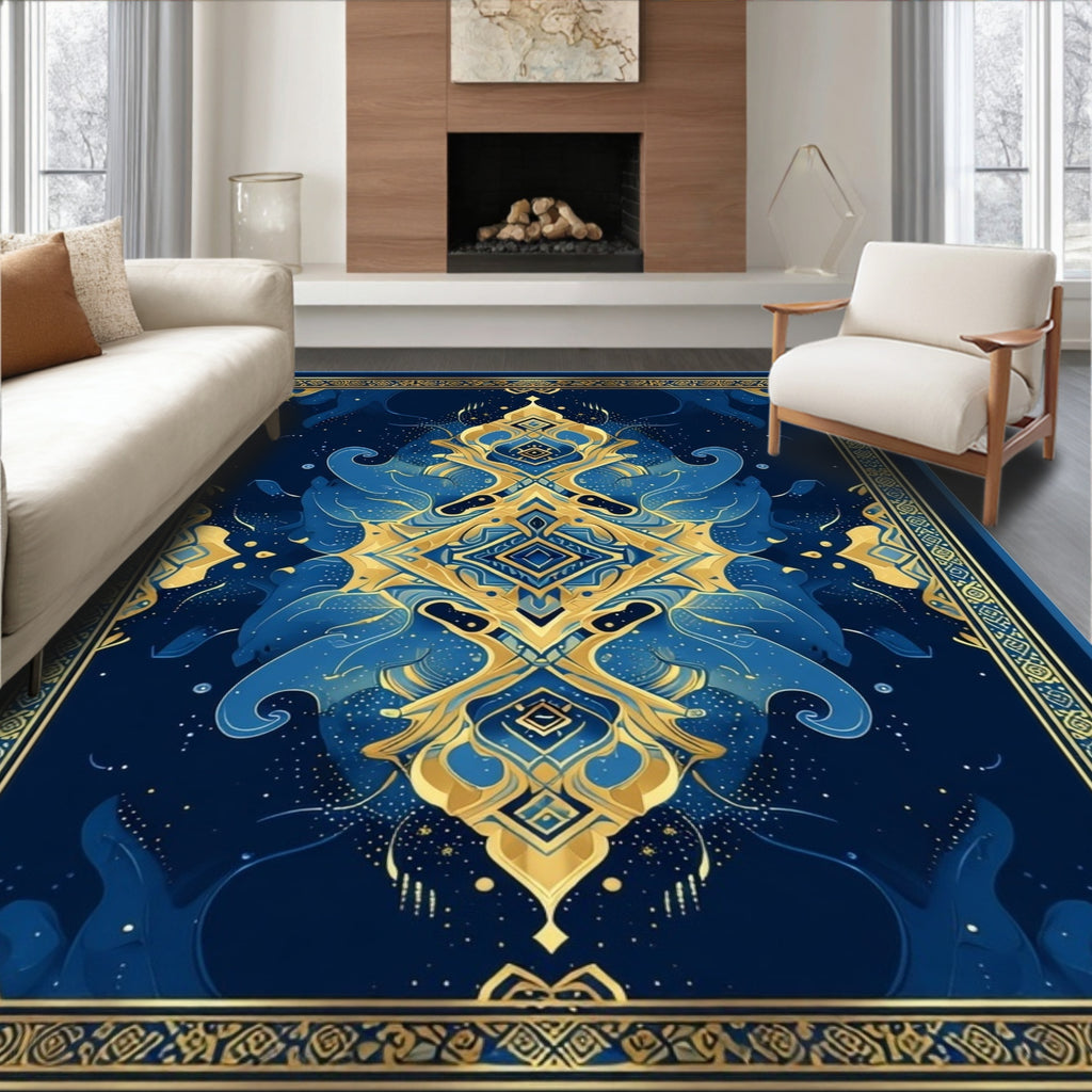 Ornate Blue Gold Mandala Pattern Rug