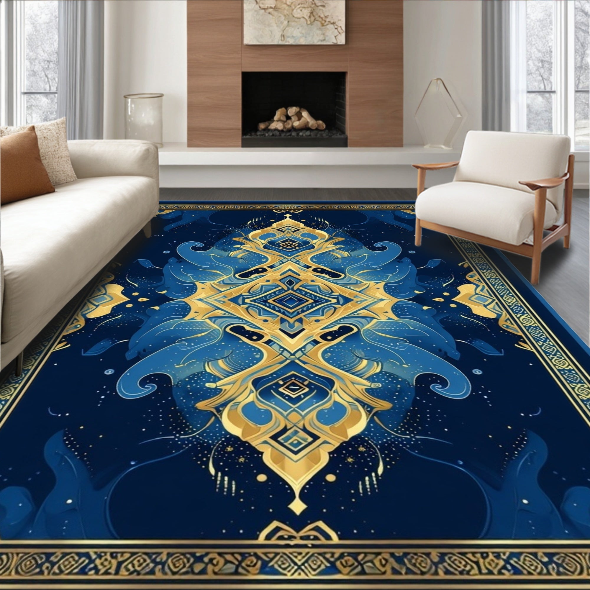 Ornate Blue Gold Mandala Pattern Rug