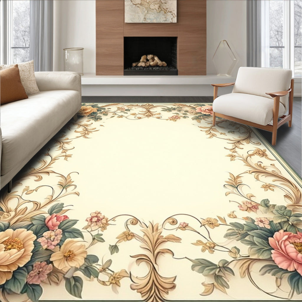 Elegant Floral Swirls Blossoms Border Rug