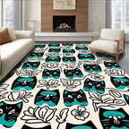 Black Teal Cat Floral Whimsy Pattern Rug