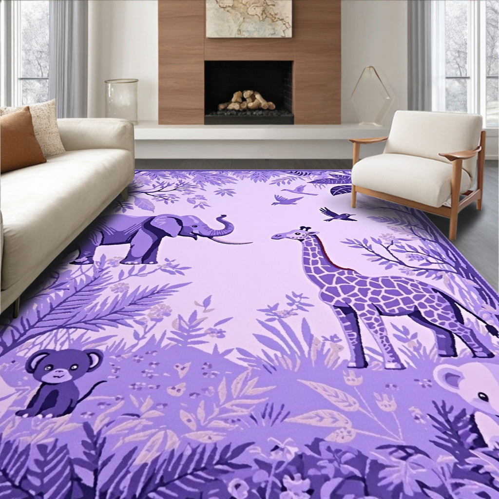 Whimsical Jungle Animals Purple Design Rug