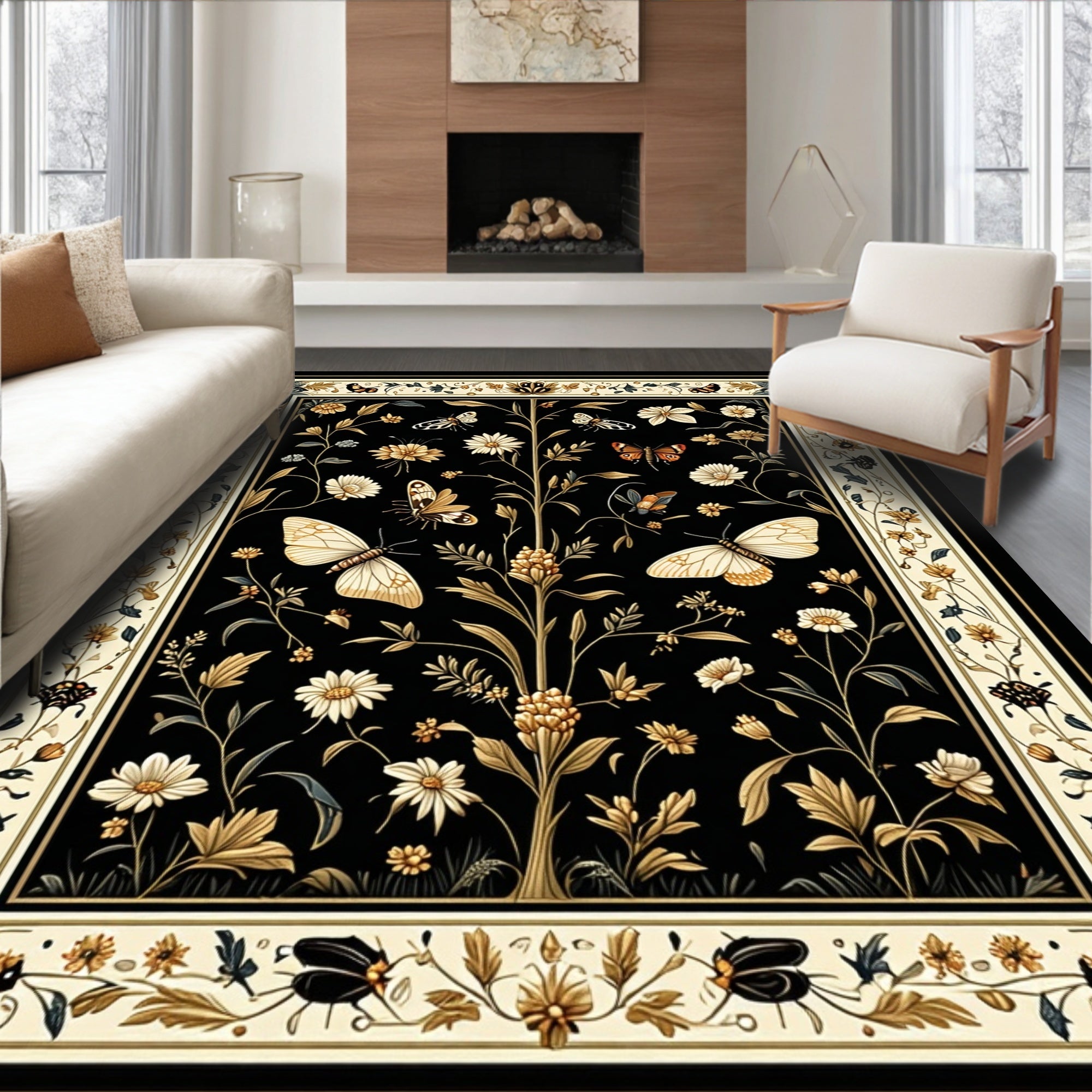 Vintage Butterfly Garden Botanical Design Rug