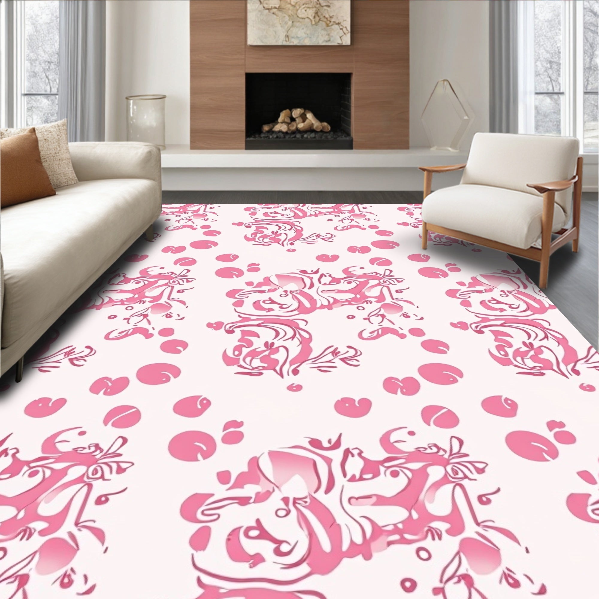 Abstract Pink Swirl Floral Pattern Rug