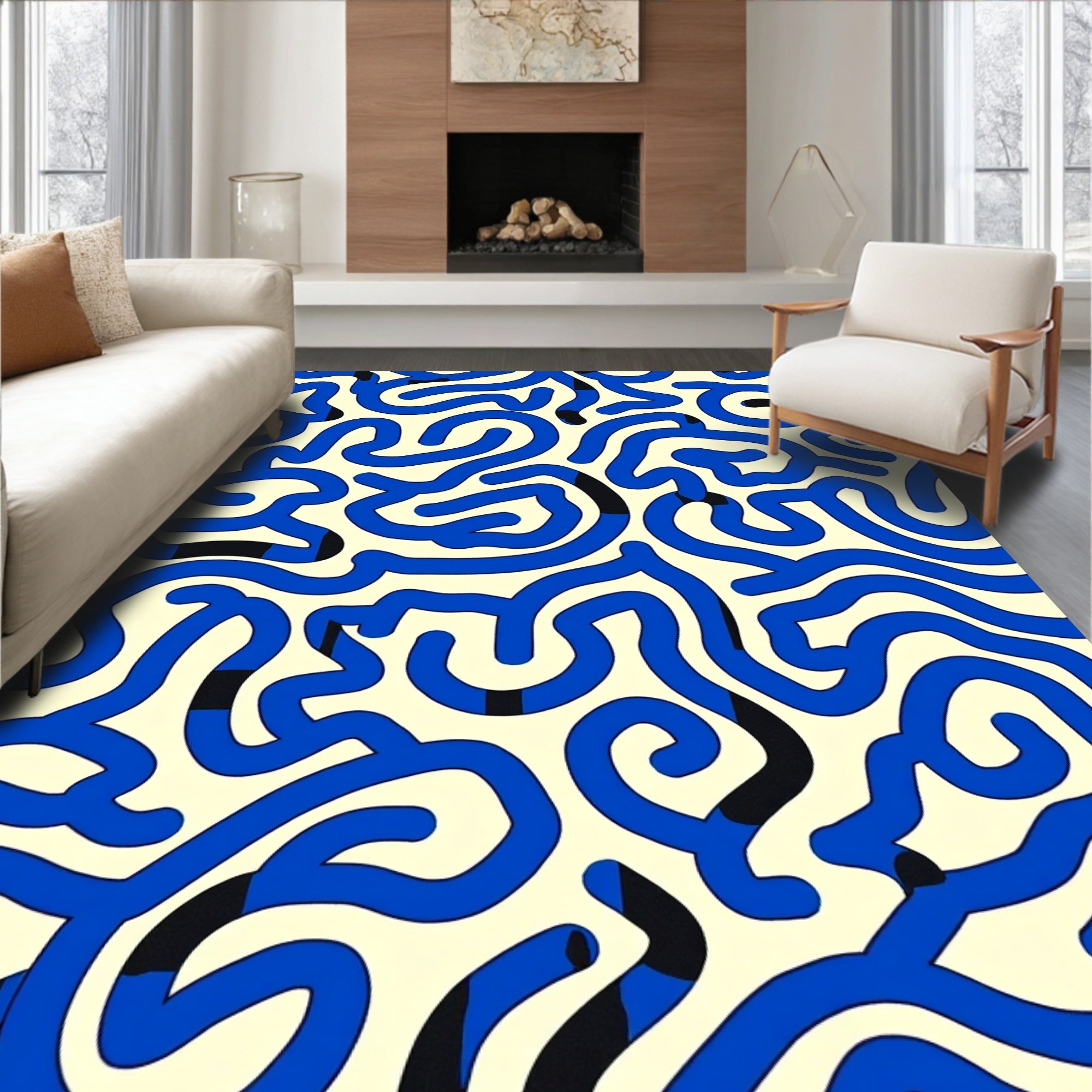 Bold Blue Wavy Line Pattern Rug