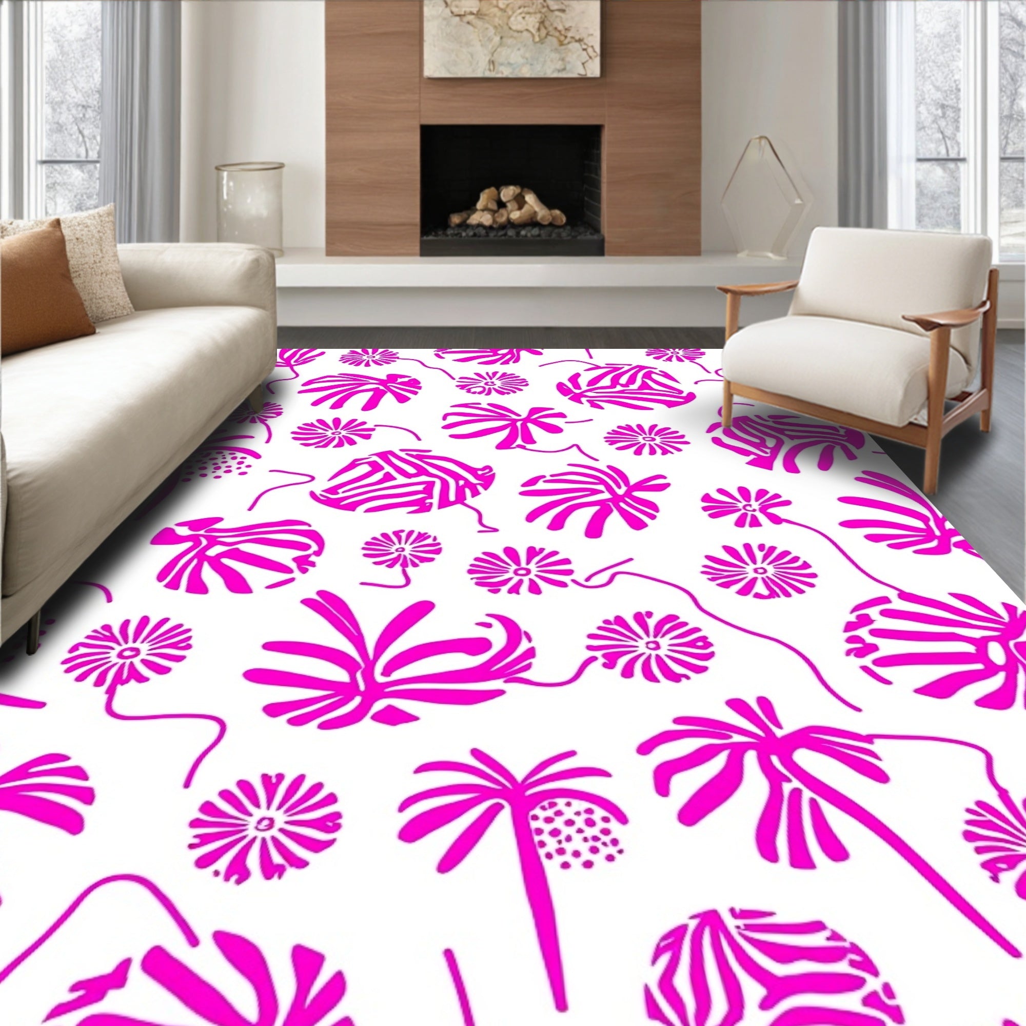 Hot Pink Tropical Flora Pattern Rug