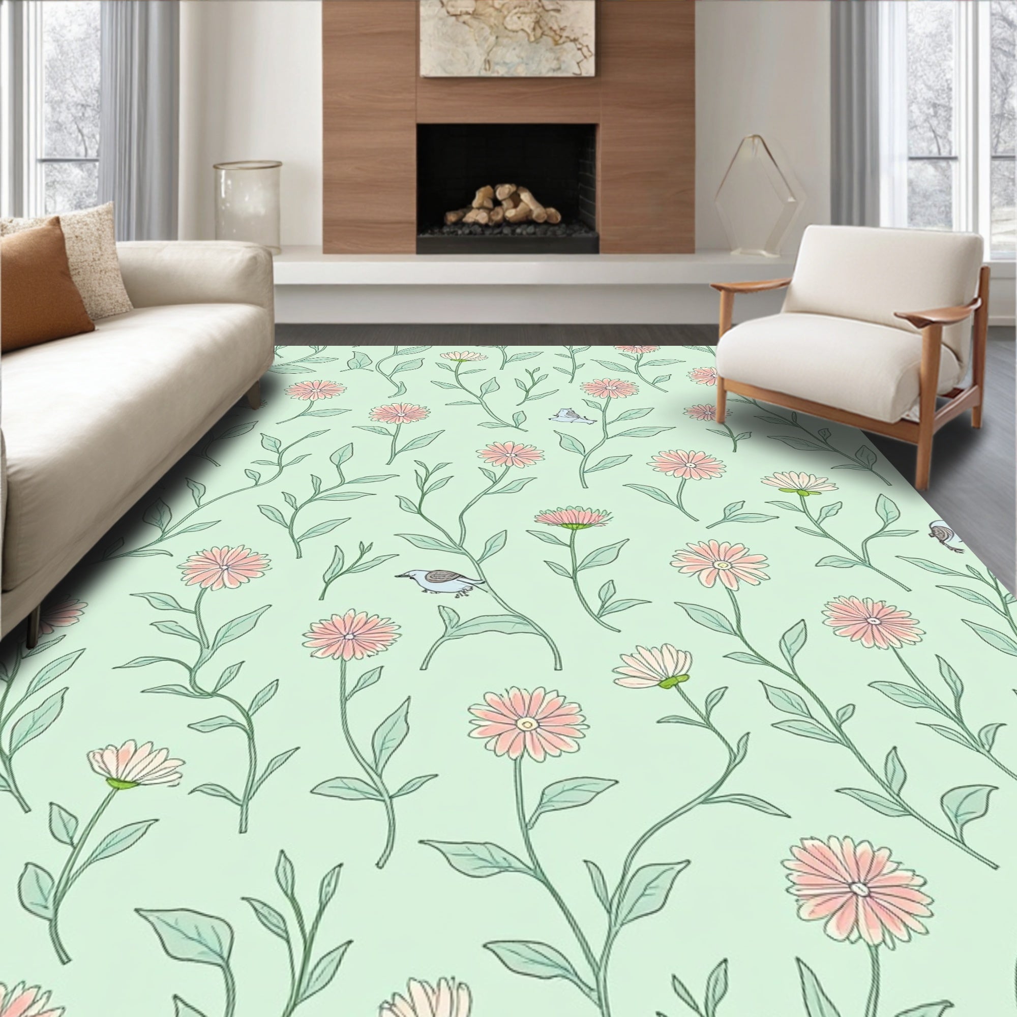 Spring Birds Floral Pattern Design Rug