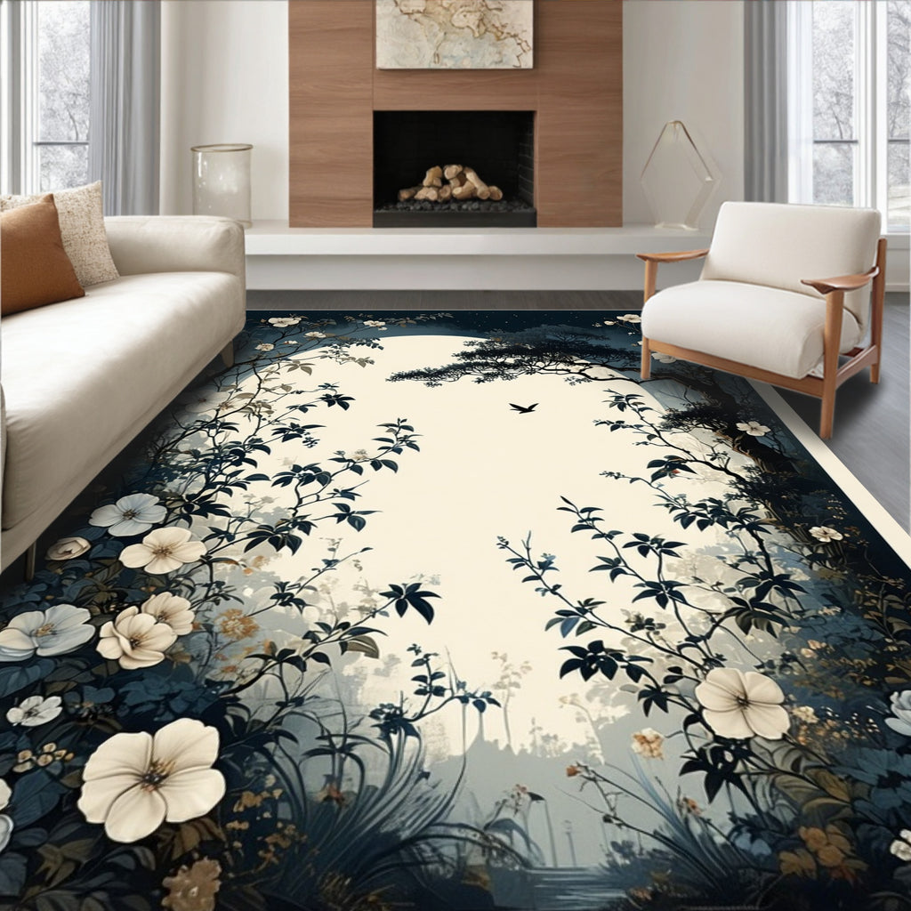 Midnight Floral Vine Silhouette Rug
