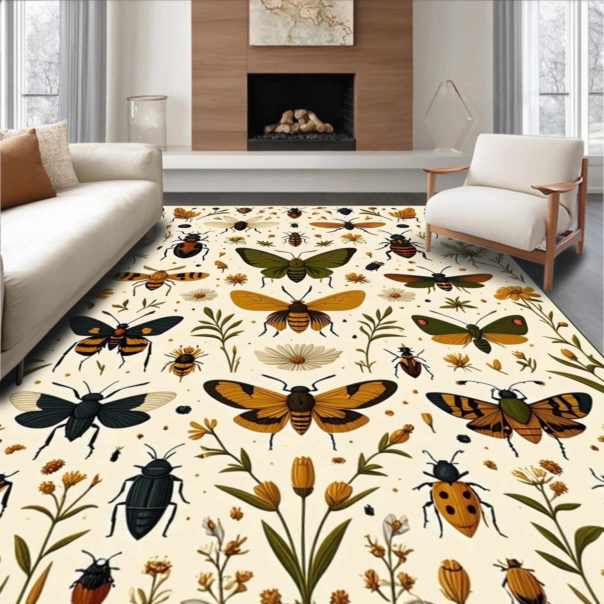 Insects Flowers Whimsical Pattern Rug