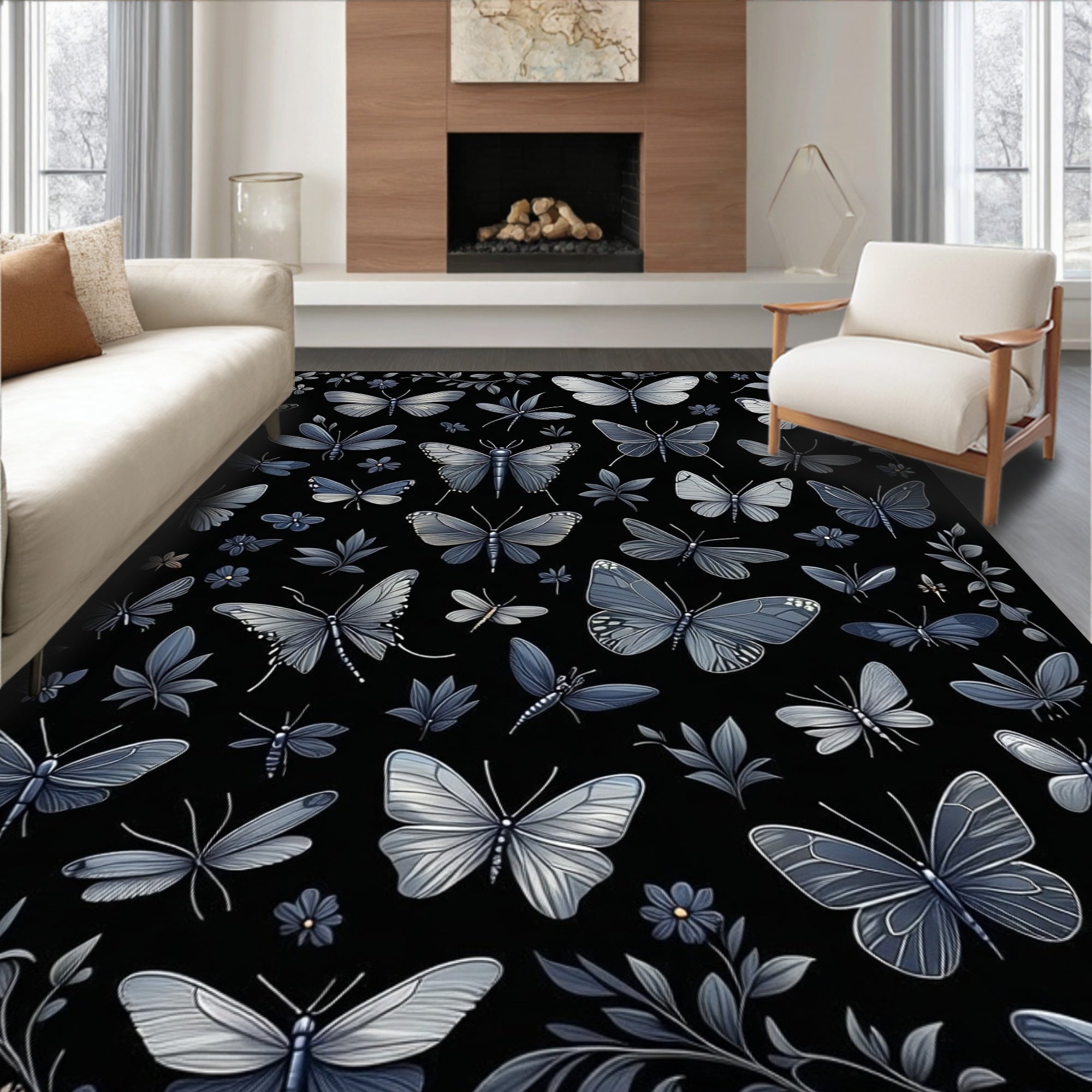Gray Butterfly Floral Pattern Design Rug