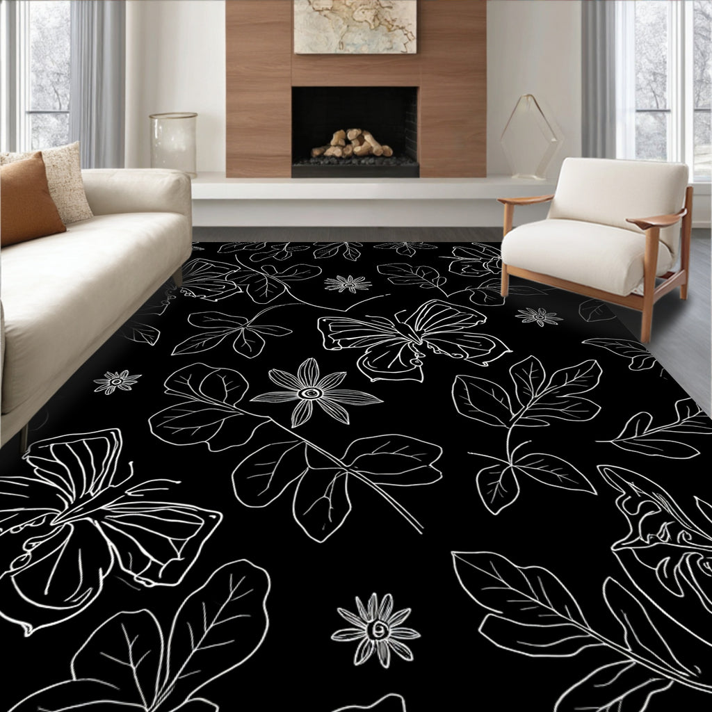 White Butterfly Floral Sketch Design Rug