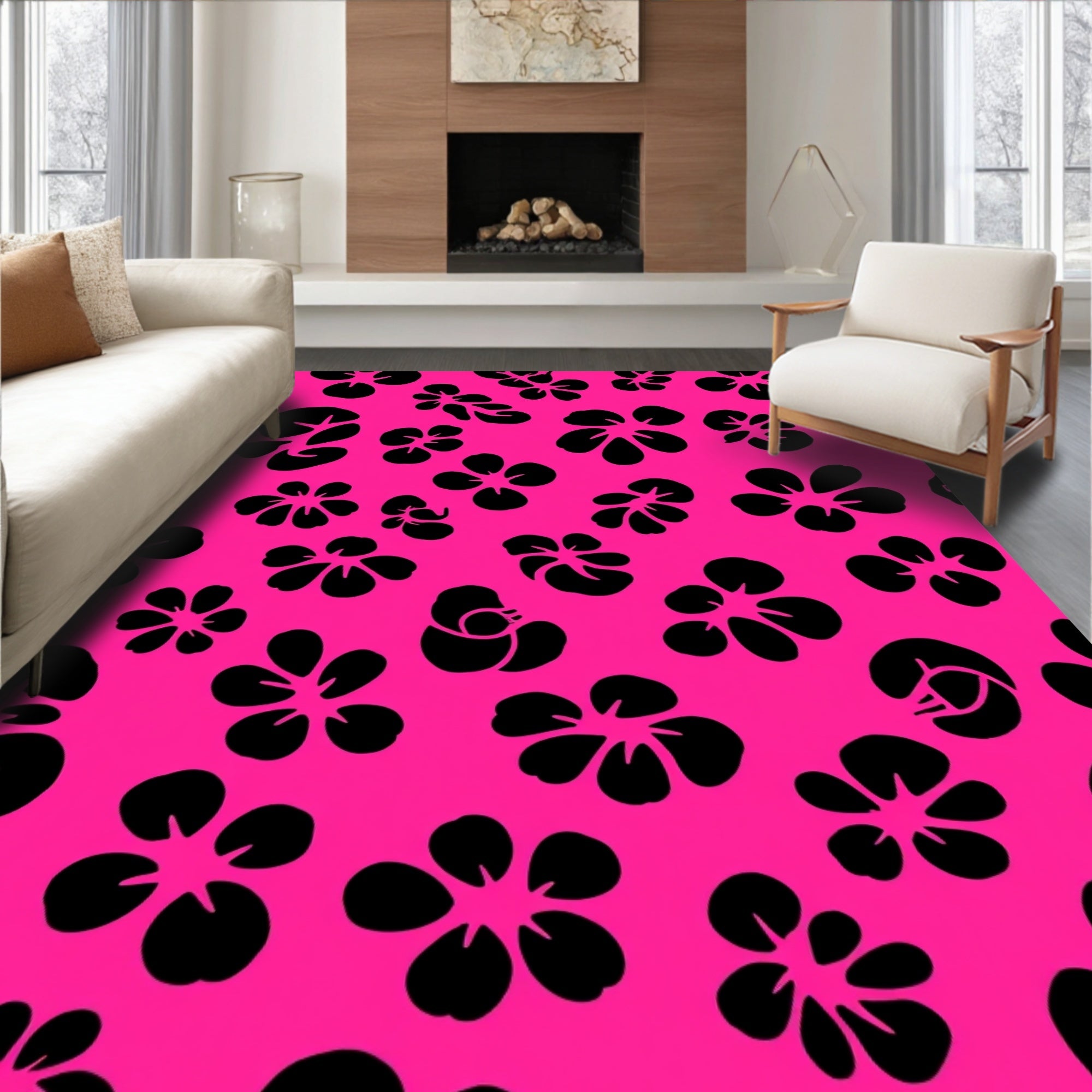 Bold Black Floral Design Rug