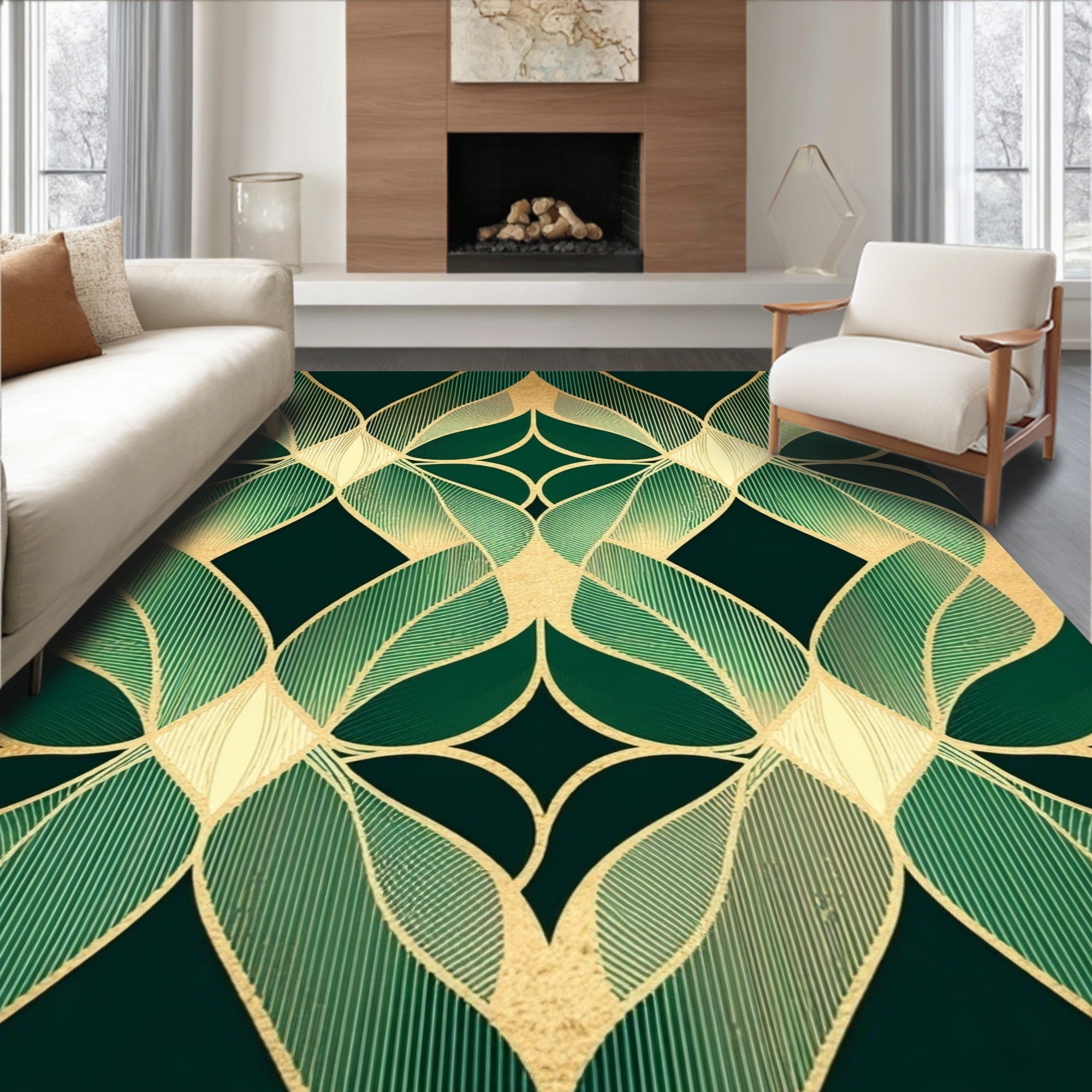 Art Deco Golden Green Leaf Pattern Rug