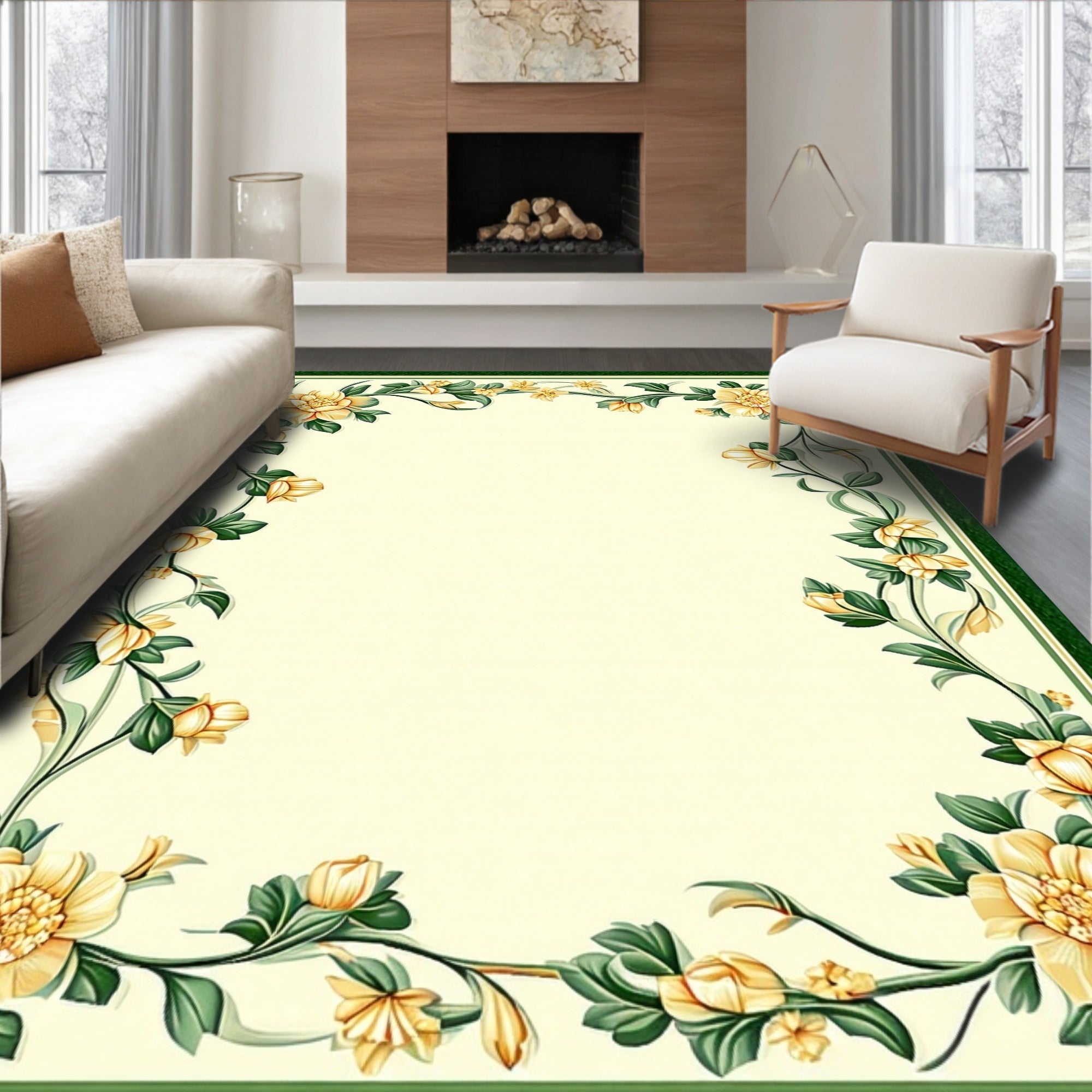 Ornate Yellow Floral Border Design Rug
