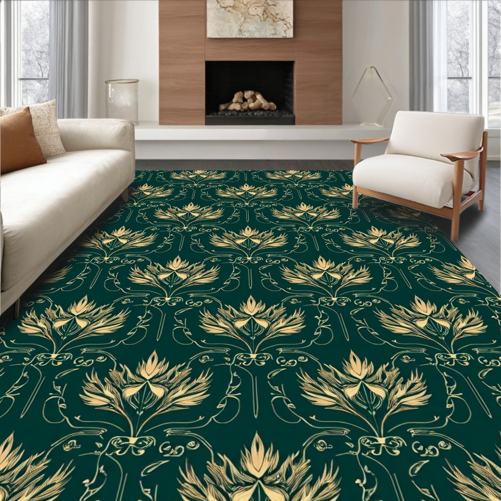 Ornate Gold Floral Damask Pattern Rug
