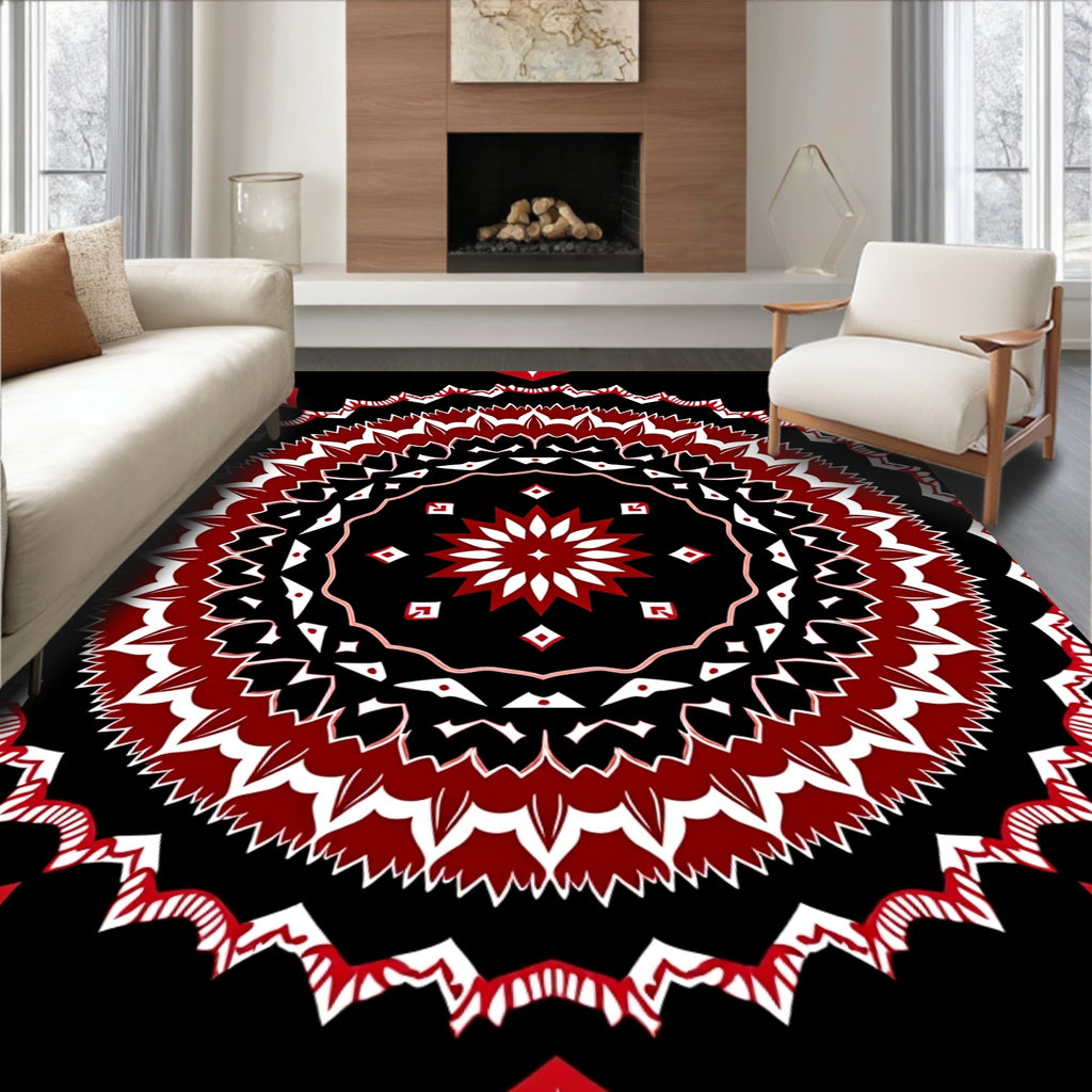 Crimson White Floral Mandala Black Rug