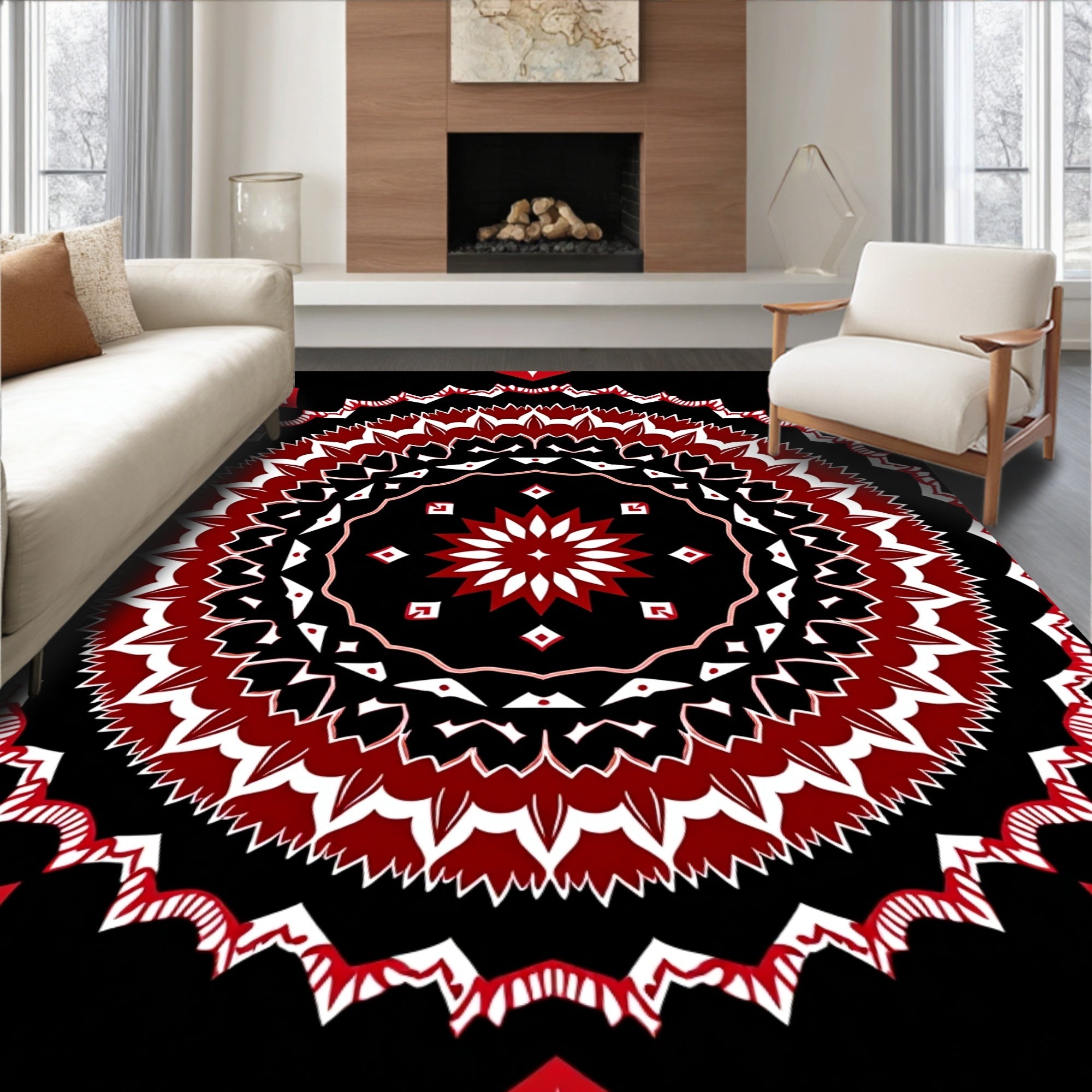 Crimson White Floral Mandala Black Rug