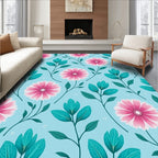 Pink Flowers Teal Leaves Pattern Rug
