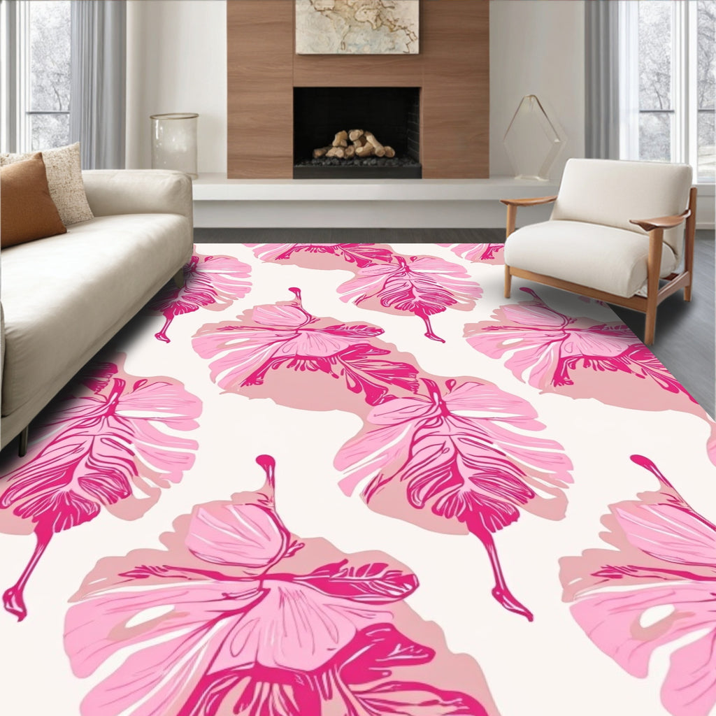 Pink Tropical Leaf Pattern Rug