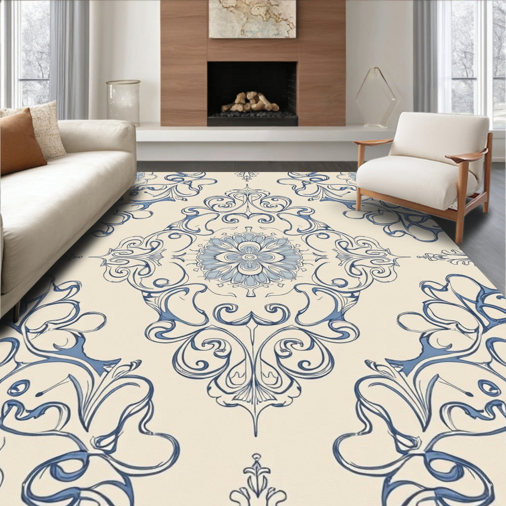 Blue Floral Damask Inspired Design Rug