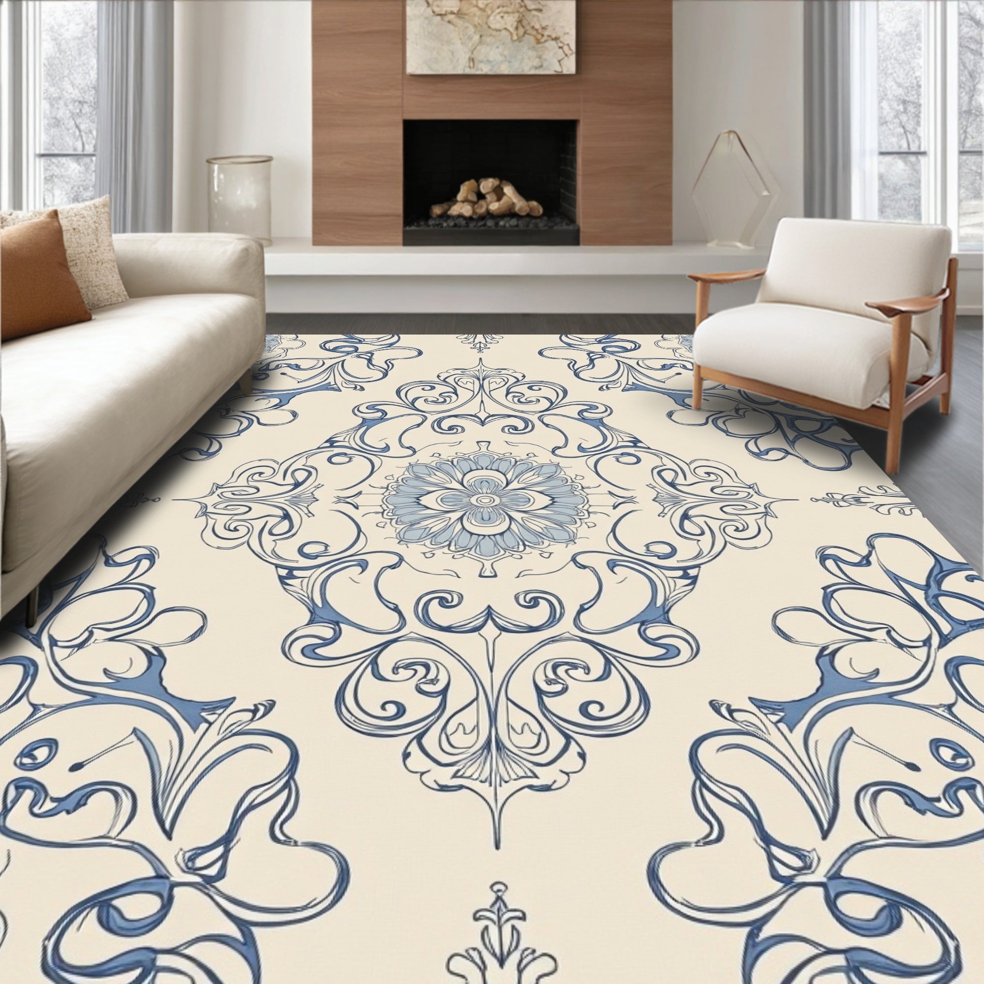 Blue Floral Damask Inspired Design Rug