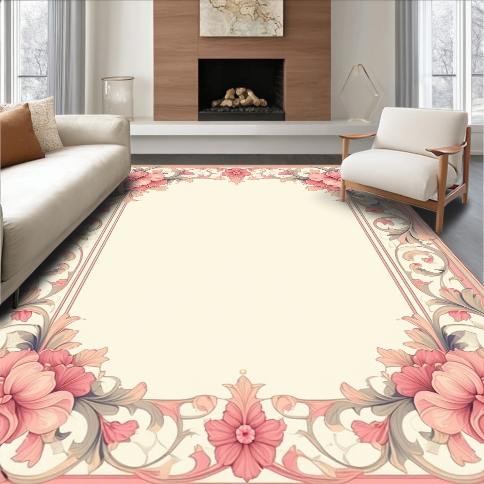 Pastel Pink Floral Scrollwork Border Rug