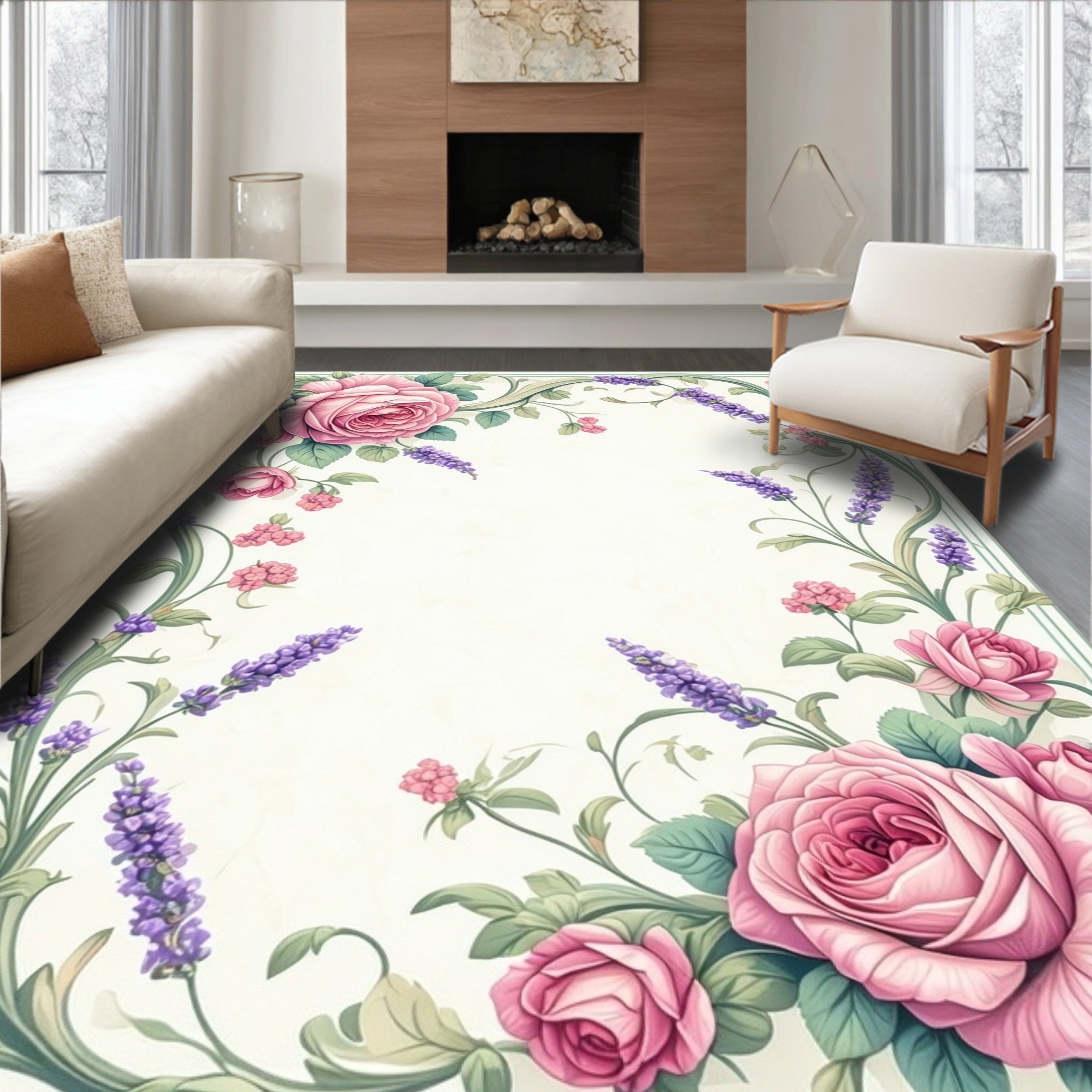Elegant Pink Rose Lavender Floral Design Rug