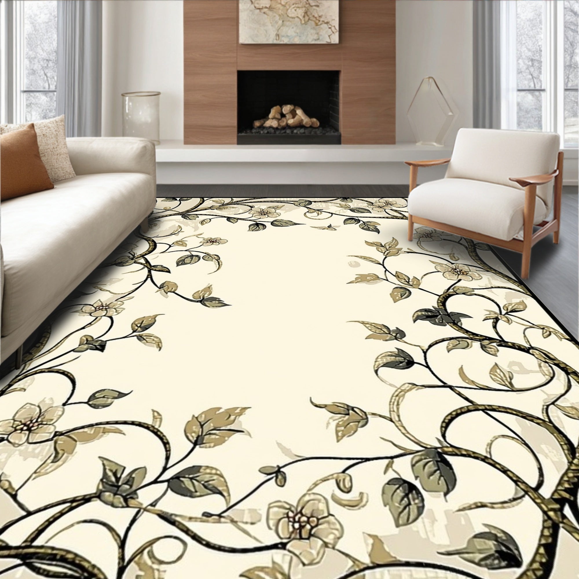 Ornate Floral Vines Scroll Pattern Rug