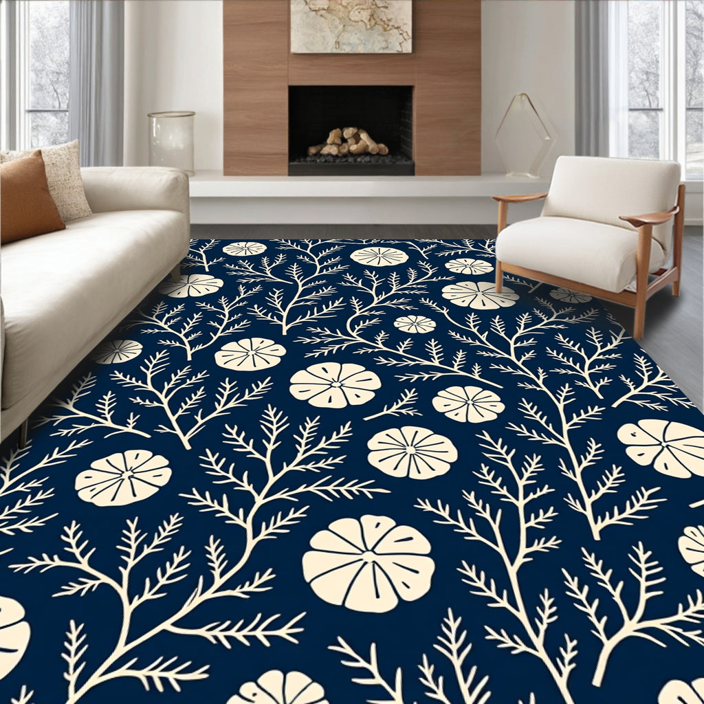 Navy Botanical Print Rug