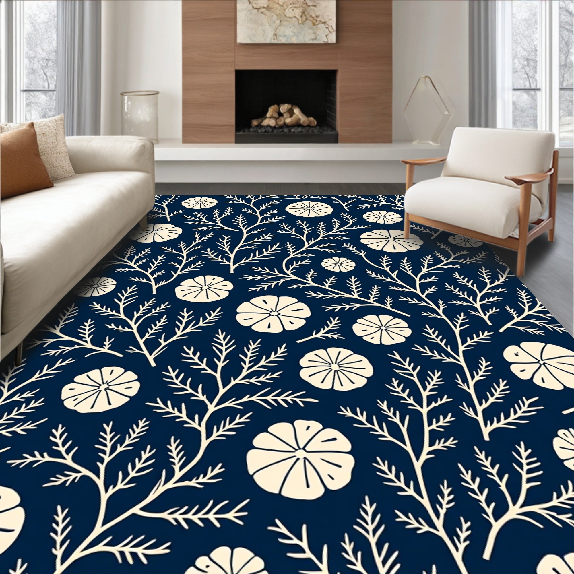 Navy Botanical Print Rug