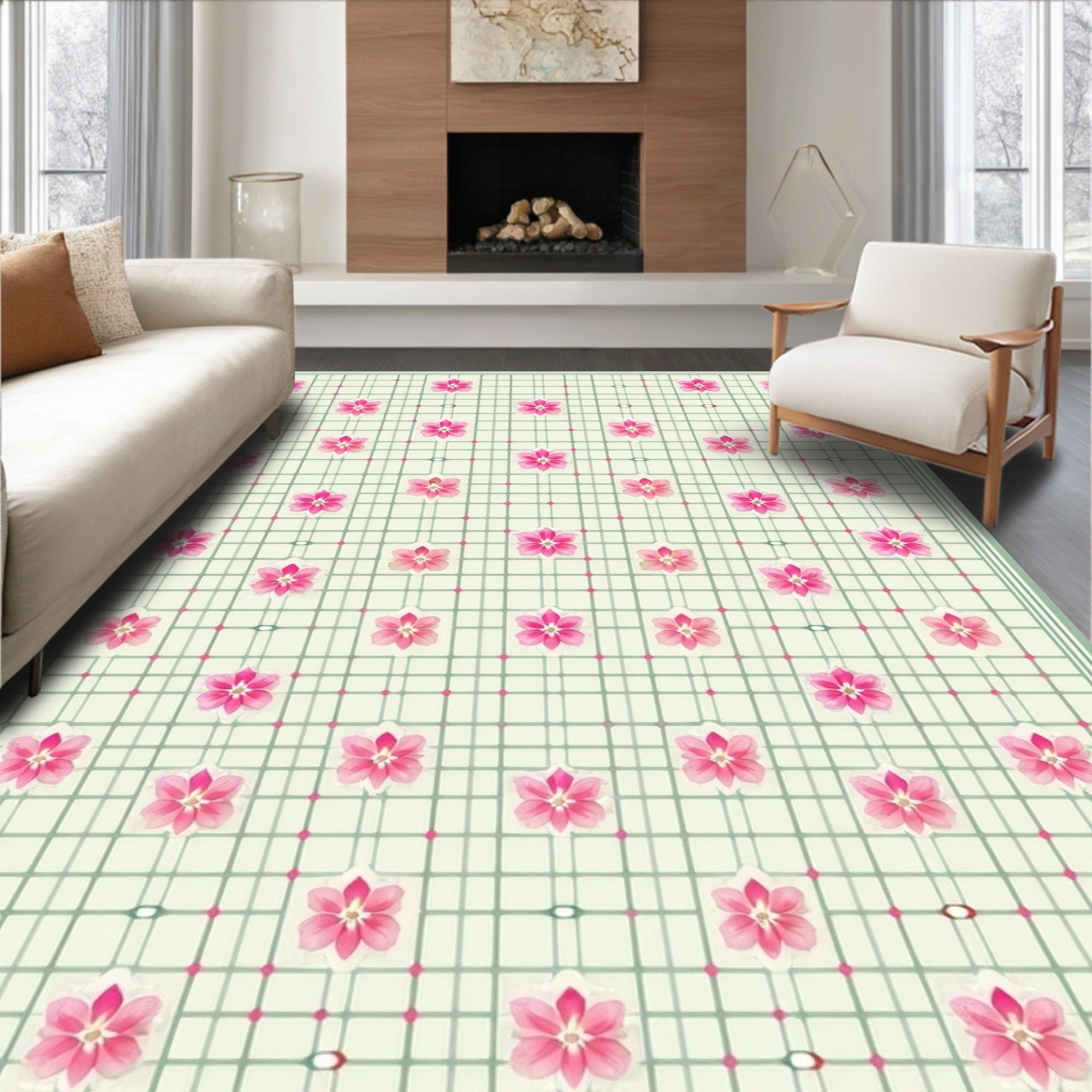 Delicate Pink Floral Grid Design Rug